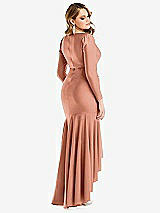 Rear View Thumbnail - Copper Penny Long Sleeve Pleated Wrap Ruffled High Low Stretch Satin Gown