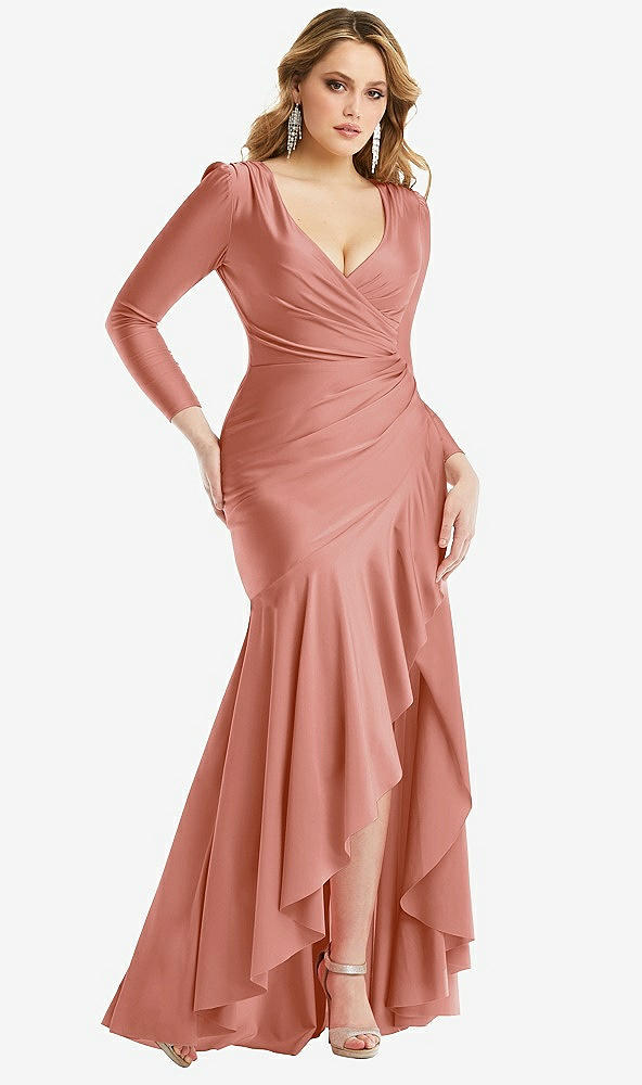 Front View - Desert Rose Long Sleeve Pleated Wrap Ruffled High Low Stretch Satin Gown