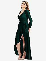 Side View Thumbnail - Evergreen Long Sleeve Pleated Wrap Ruffled High Low Stretch Satin Gown