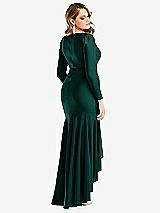 Rear View Thumbnail - Evergreen Long Sleeve Pleated Wrap Ruffled High Low Stretch Satin Gown