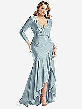 Front View Thumbnail - Mist Long Sleeve Pleated Wrap Ruffled High Low Stretch Satin Gown