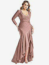 Front View Thumbnail - Neu Nude Long Sleeve Pleated Wrap Ruffled High Low Stretch Satin Gown