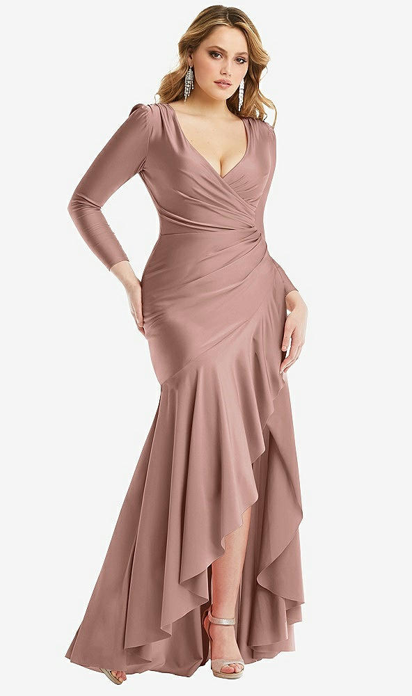 Front View - Neu Nude Long Sleeve Pleated Wrap Ruffled High Low Stretch Satin Gown