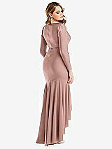 Rear View Thumbnail - Neu Nude Long Sleeve Pleated Wrap Ruffled High Low Stretch Satin Gown