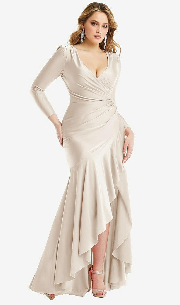 Front View - Oat Long Sleeve Pleated Wrap Ruffled High Low Stretch Satin Gown