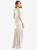 Rear View Thumbnail - Oat Long Sleeve Pleated Wrap Ruffled High Low Stretch Satin Gown