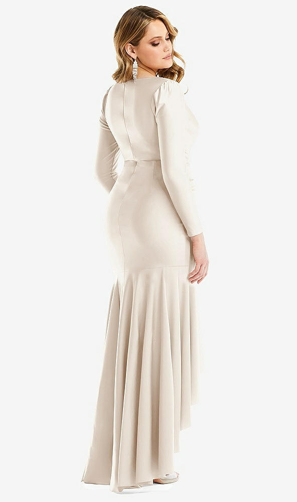 Back View - Oat Long Sleeve Pleated Wrap Ruffled High Low Stretch Satin Gown