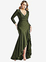 Front View Thumbnail - Olive Green Long Sleeve Pleated Wrap Ruffled High Low Stretch Satin Gown