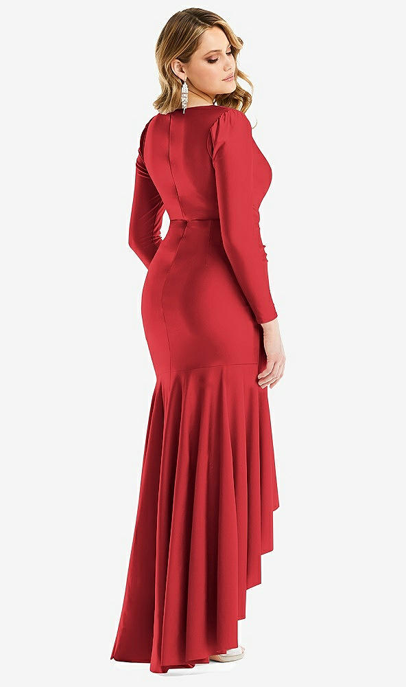 Back View - Poppy Red Long Sleeve Pleated Wrap Ruffled High Low Stretch Satin Gown