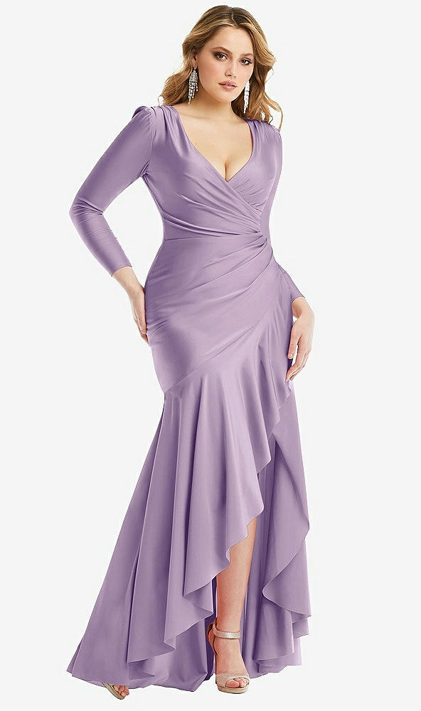 Front View - Pale Purple Long Sleeve Pleated Wrap Ruffled High Low Stretch Satin Gown