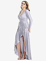 Side View Thumbnail - Silver Dove Long Sleeve Pleated Wrap Ruffled High Low Stretch Satin Gown