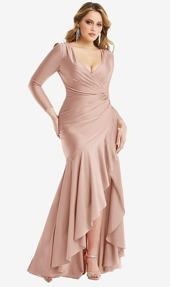 Front View - Toasted Sugar Long Sleeve Pleated Wrap Ruffled High Low Stretch Satin Gown