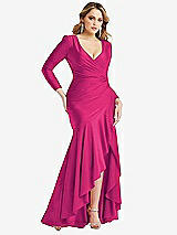 Front View Thumbnail - Think Pink Long Sleeve Pleated Wrap Ruffled High Low Stretch Satin Gown