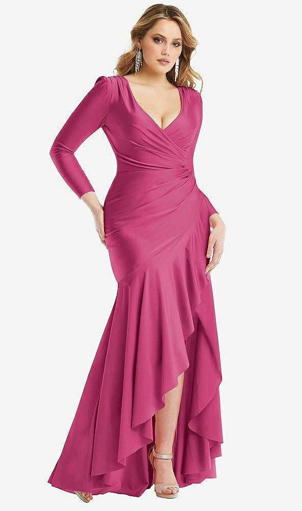 Front View - Tea Rose Long Sleeve Pleated Wrap Ruffled High Low Stretch Satin Gown