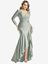 Front View Thumbnail - Willow Green Long Sleeve Pleated Wrap Ruffled High Low Stretch Satin Gown