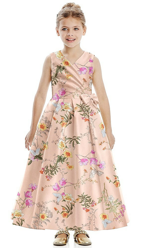 Front View - Butterfly Botanica Pink Sand Floral Faux Wrap Pleated Skirt Satin Flower Girl Dress with Bow
