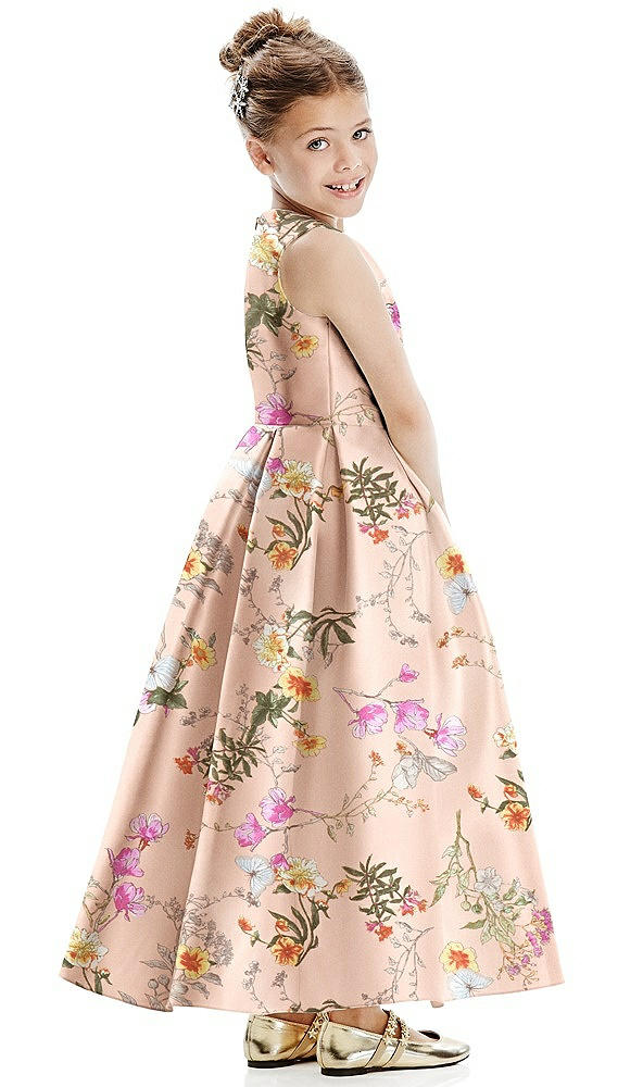 Back View - Butterfly Botanica Pink Sand Floral Faux Wrap Pleated Skirt Satin Flower Girl Dress with Bow