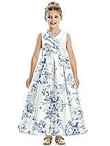 Front View Thumbnail - Cottage Rose Larkspur Floral Faux Wrap Pleated Skirt Satin Flower Girl Dress with Bow