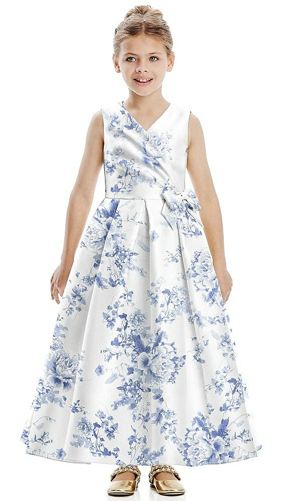 Front View - Cottage Rose Larkspur Floral Faux Wrap Pleated Skirt Satin Flower Girl Dress with Bow