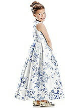 Rear View Thumbnail - Cottage Rose Larkspur Floral Faux Wrap Pleated Skirt Satin Flower Girl Dress with Bow