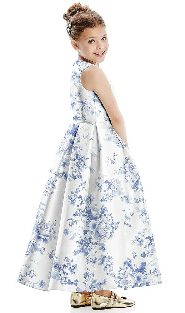 Back View - Cottage Rose Larkspur Floral Faux Wrap Pleated Skirt Satin Flower Girl Dress with Bow