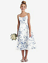 Alt View 1 Thumbnail - Cottage Rose Larkspur Adjustable Spaghetti Strap Floral Satin Midi Junior Bridesmaid Dress