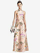 Front View Thumbnail - Butterfly Botanica Pink Sand Floral Halter Open-back Satin Junior Bridesmaid Dress with Pockets