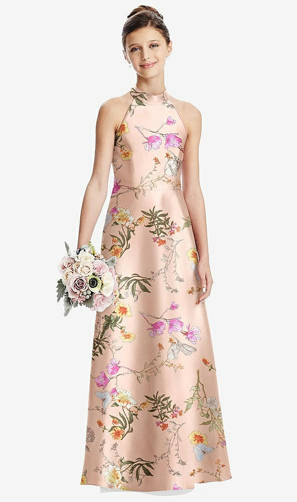 Front View - Butterfly Botanica Pink Sand Floral Halter Open-back Satin Junior Bridesmaid Dress with Pockets