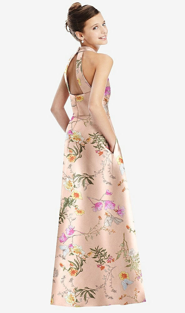 Back View - Butterfly Botanica Pink Sand Floral Halter Open-back Satin Junior Bridesmaid Dress with Pockets
