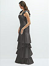 Front View Thumbnail - Caviar Gray Bow-Shoulder Satin Maxi Dress with Asymmetrical Tiered Skirt