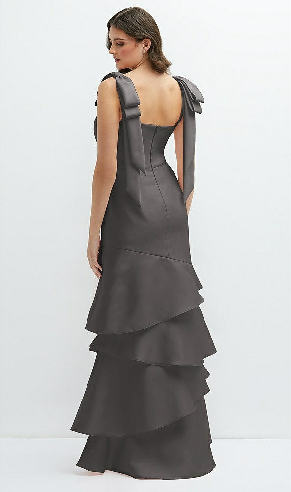 Back View - Caviar Gray Bow-Shoulder Satin Maxi Dress with Asymmetrical Tiered Skirt