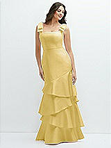 Side View Thumbnail - Maize Bow-Shoulder Satin Maxi Dress with Asymmetrical Tiered Skirt