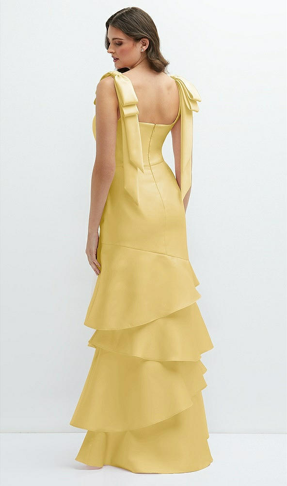 Back View - Maize Bow-Shoulder Satin Maxi Dress with Asymmetrical Tiered Skirt