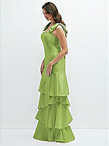 Front View Thumbnail - Mojito Bow-Shoulder Satin Maxi Dress with Asymmetrical Tiered Skirt