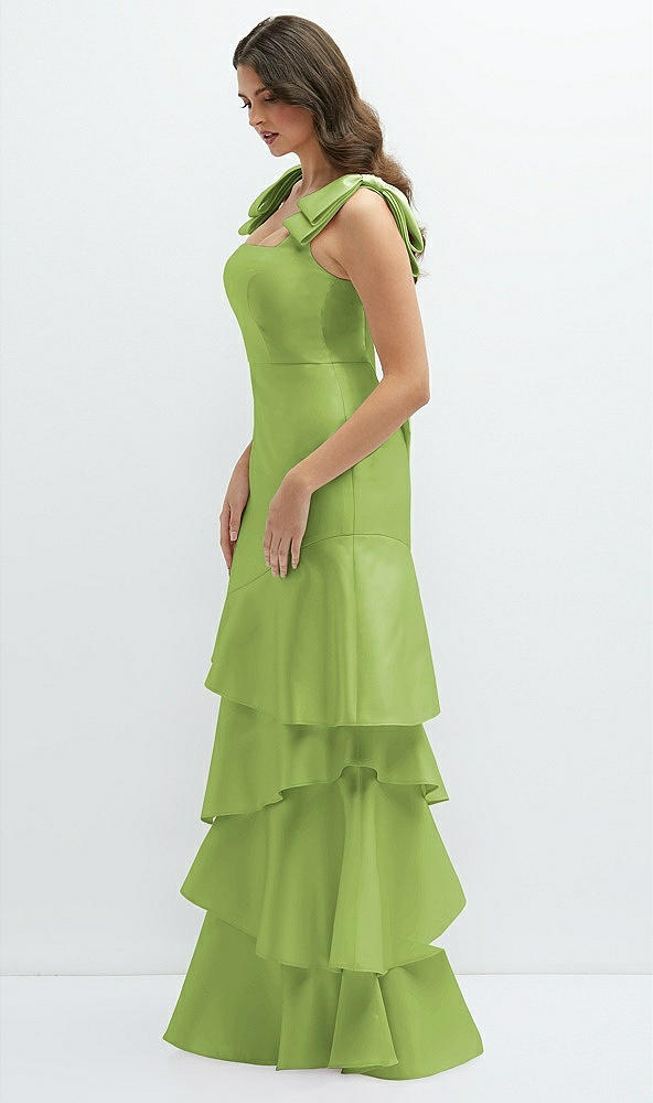 Front View - Mojito Bow-Shoulder Satin Maxi Dress with Asymmetrical Tiered Skirt
