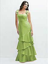 Side View Thumbnail - Mojito Bow-Shoulder Satin Maxi Dress with Asymmetrical Tiered Skirt