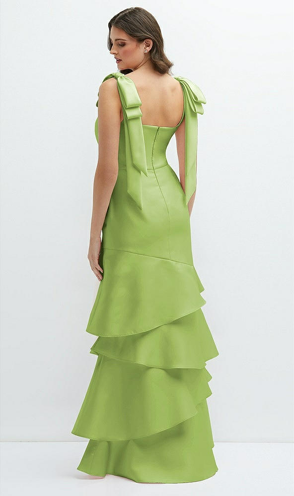 Back View - Mojito Bow-Shoulder Satin Maxi Dress with Asymmetrical Tiered Skirt