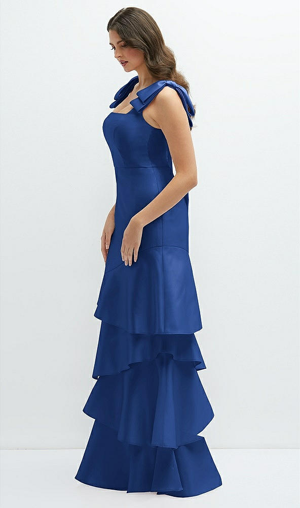 Front View - Classic Blue Bow-Shoulder Satin Maxi Dress with Asymmetrical Tiered Skirt