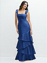 Side View Thumbnail - Classic Blue Bow-Shoulder Satin Maxi Dress with Asymmetrical Tiered Skirt