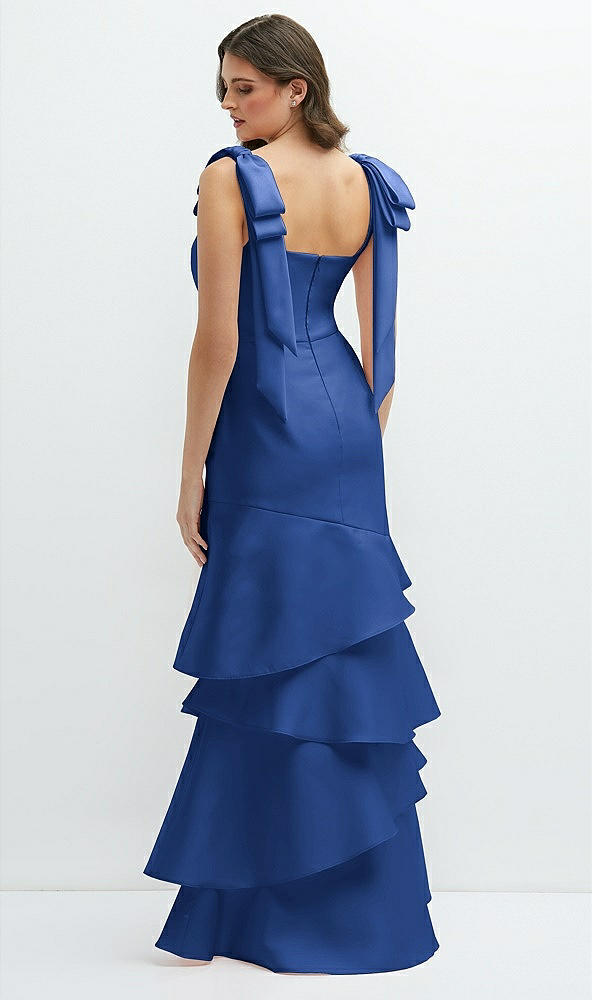 Back View - Classic Blue Bow-Shoulder Satin Maxi Dress with Asymmetrical Tiered Skirt