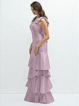 Front View Thumbnail - Suede Rose Bow-Shoulder Satin Maxi Dress with Asymmetrical Tiered Skirt