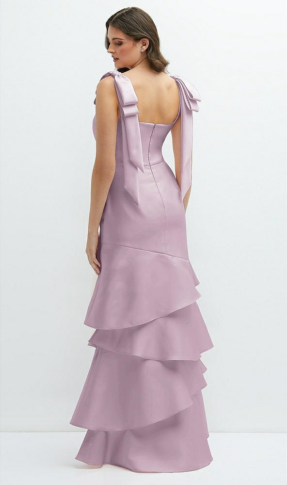 Back View - Suede Rose Bow-Shoulder Satin Maxi Dress with Asymmetrical Tiered Skirt