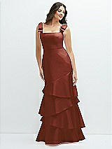 Side View Thumbnail - Auburn Moon Bow-Shoulder Satin Maxi Dress with Asymmetrical Tiered Skirt