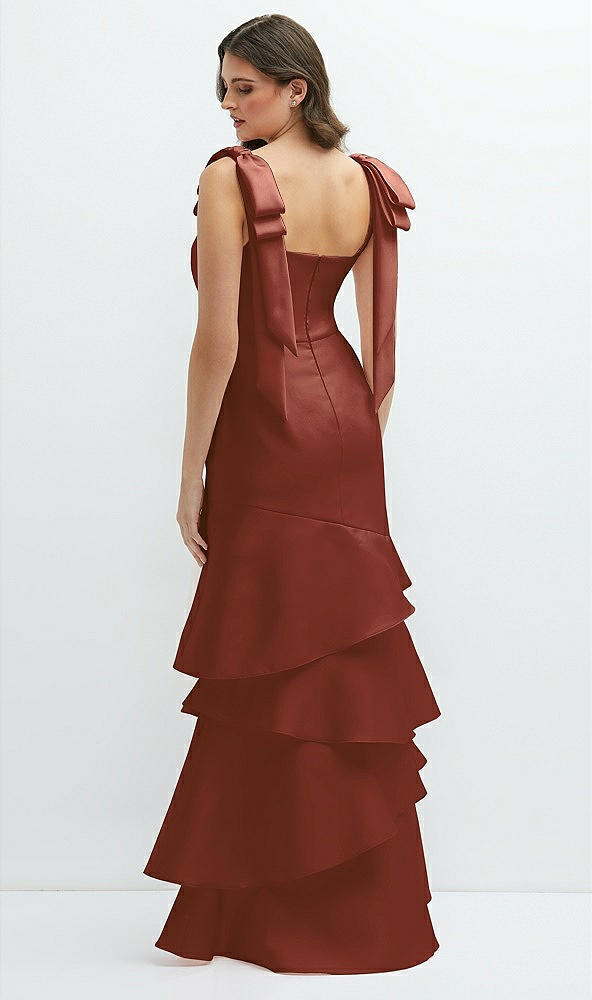 Back View - Auburn Moon Bow-Shoulder Satin Maxi Dress with Asymmetrical Tiered Skirt