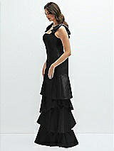 Front View Thumbnail - Black Bow-Shoulder Satin Maxi Dress with Asymmetrical Tiered Skirt