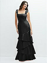 Side View Thumbnail - Black Bow-Shoulder Satin Maxi Dress with Asymmetrical Tiered Skirt