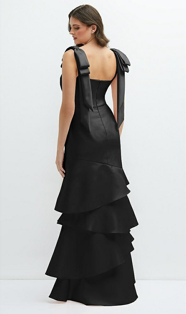 Back View - Black Bow-Shoulder Satin Maxi Dress with Asymmetrical Tiered Skirt
