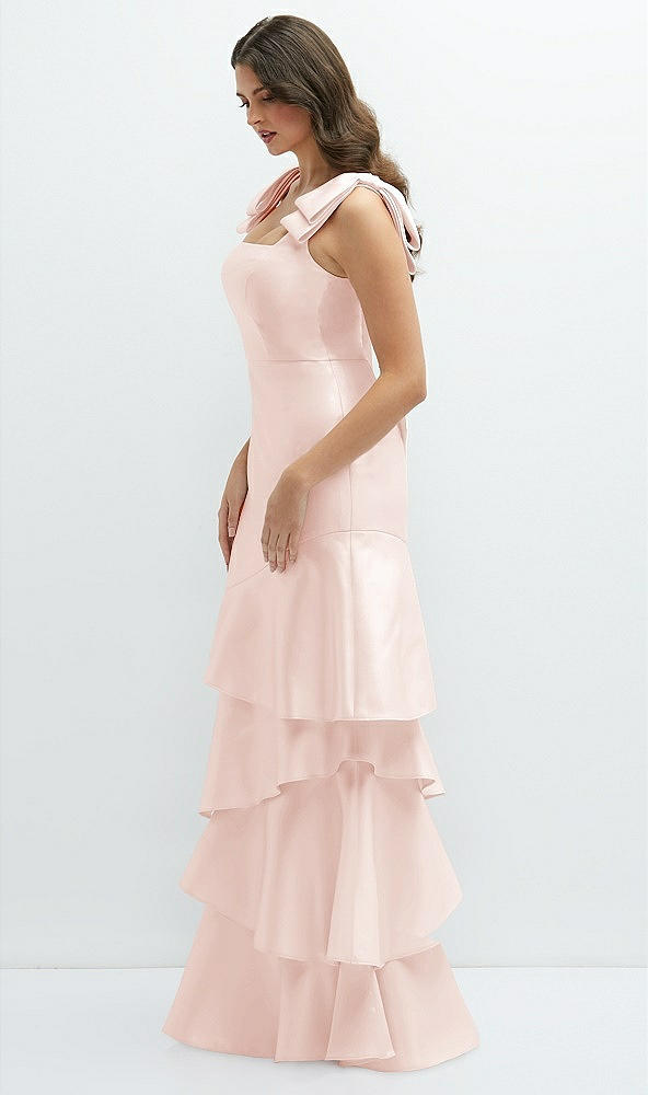 Front View - Blush Bow-Shoulder Satin Maxi Dress with Asymmetrical Tiered Skirt
