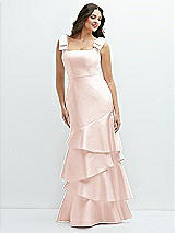 Side View Thumbnail - Blush Bow-Shoulder Satin Maxi Dress with Asymmetrical Tiered Skirt
