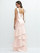 Rear View Thumbnail - Blush Bow-Shoulder Satin Maxi Dress with Asymmetrical Tiered Skirt